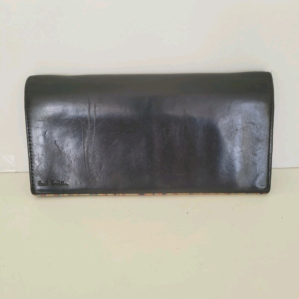 Paul Smith Designer Checkbook Card Bill Holder Wallet Black Bifold Leather Long